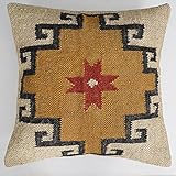 Radharani Arts Indian Handwoven Kilim Pillow Cover 18x18 Square Indian Outdoor Cushions Cover Decorative Throw Pillow Cases Jute Wool Cushion Cover Boho Pillow Shams for Home Decor (Black & Brown)