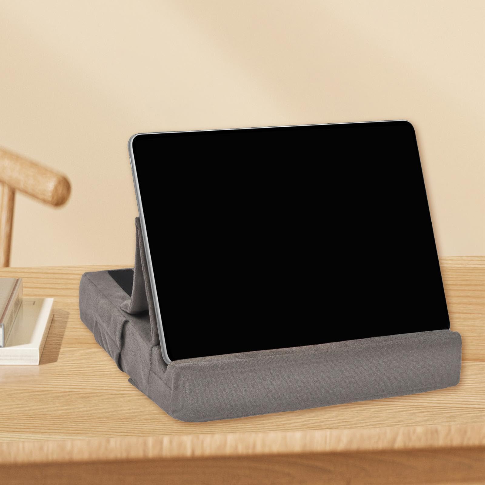 Supporto per Tablet Cuscino Stand Regolabile Supporto Portatile Cuscino Porta Tablet con Tasche Materiale Morbido Poliestere Adatto per S, Grigio