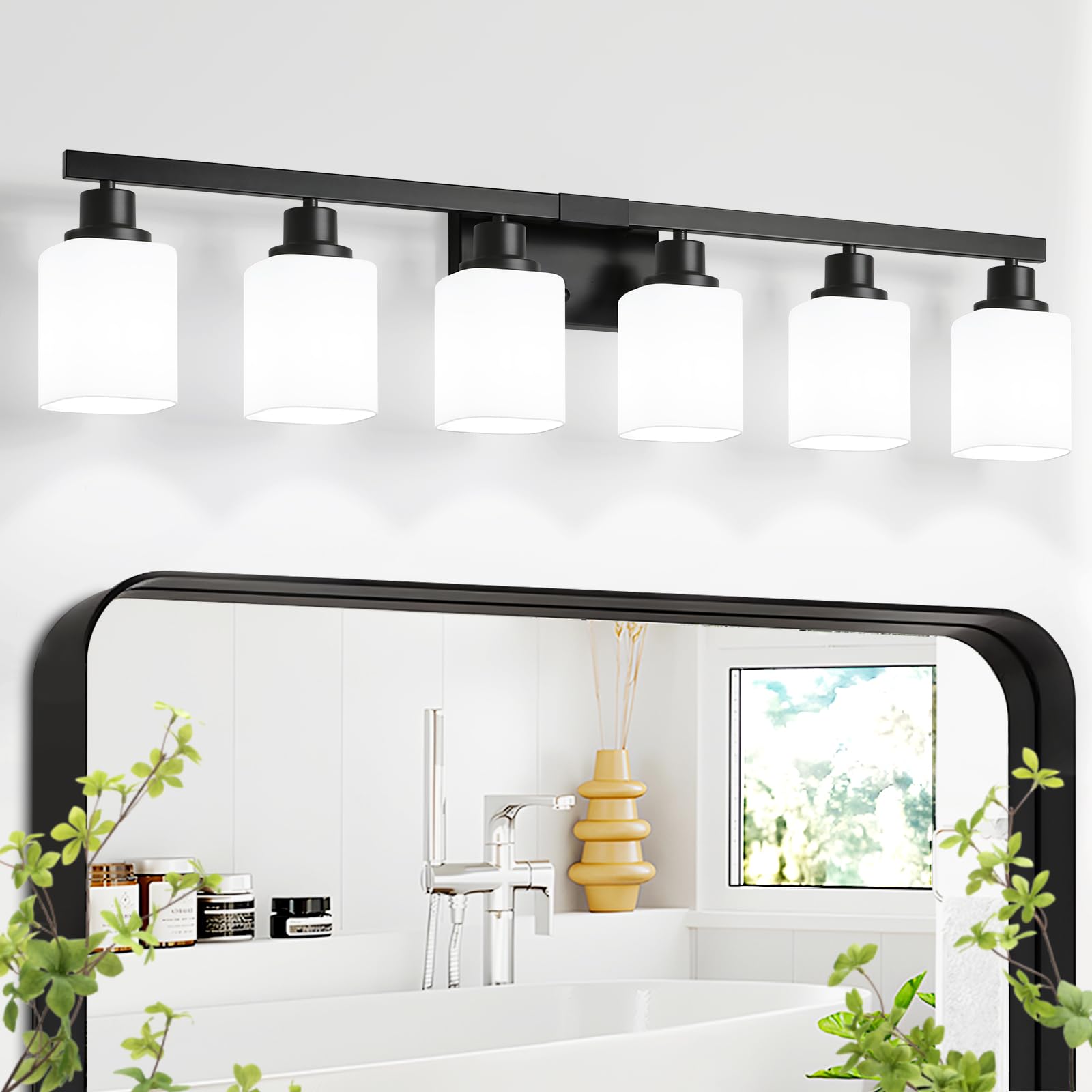 6 Light Bathroom Vanity Light, Modern Matte Black Bathroom Light Fixtures with Square Frosted Glass, Wall Sconces fixtures Over Mirror Restroom,Living Room Hallway E26