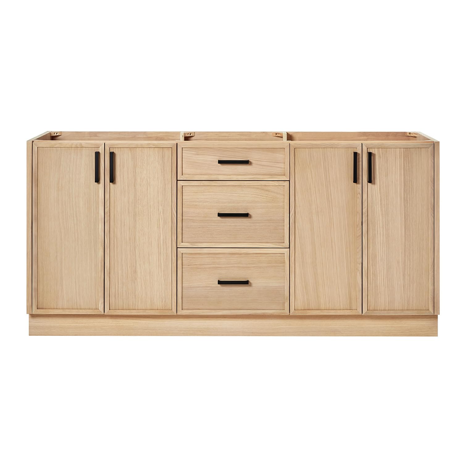 ARIEL Kelly 72-inch Bathroom Vanity Base Cabinet,Solid Wood, 4 Soft Closing Doors, 5 Dovetail Drawers, Matte Black, White Oak