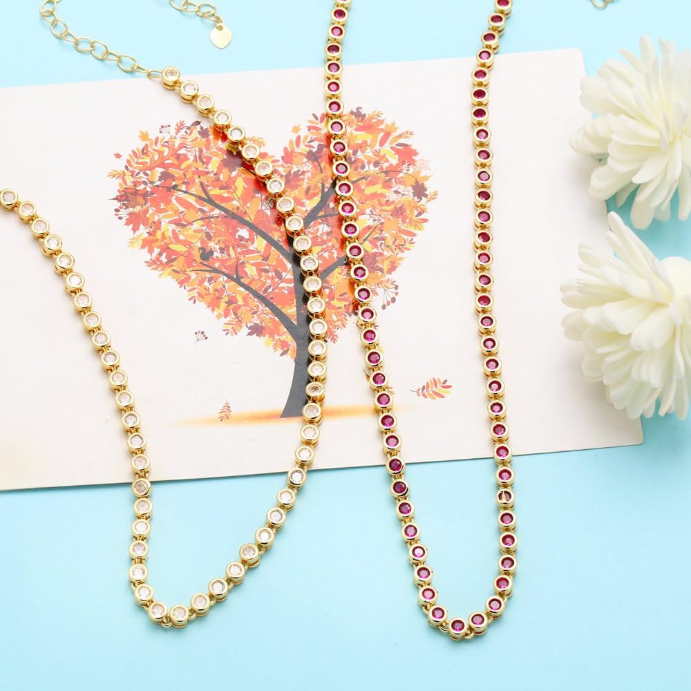 Women's Gold Plated Copper Choker Necklace with Colorful Bezel-Set Round Crystals