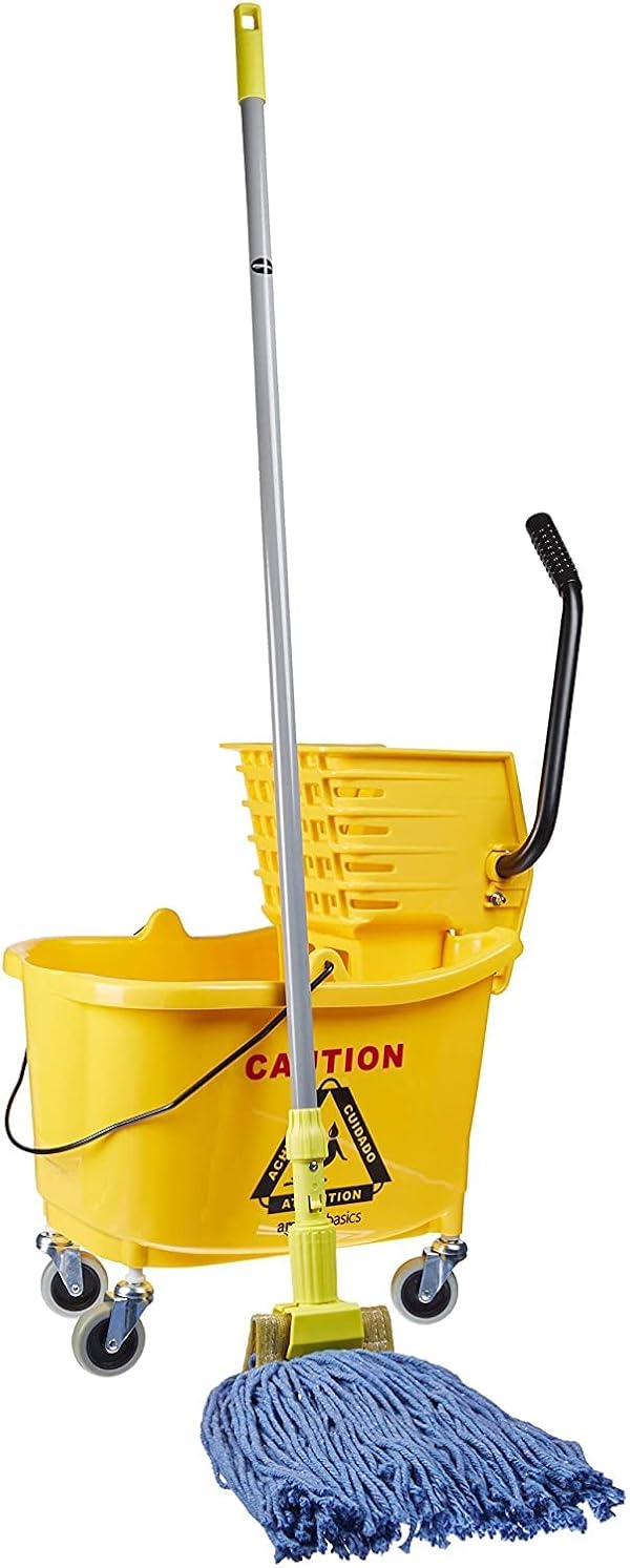 Amazon Basics Commercial Side Press Wringer Floor Cleaning Mop Bucket on Wheels, 35-Quart, Yellow by Amazon Basics - Image 5