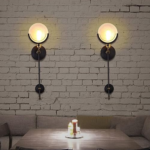 Miniatura 5 de Apliques de pared, retro industrial lámpara de pared larga de metal negro aplique de pared redondo de vidrio transparente, pantalla de lámpara de