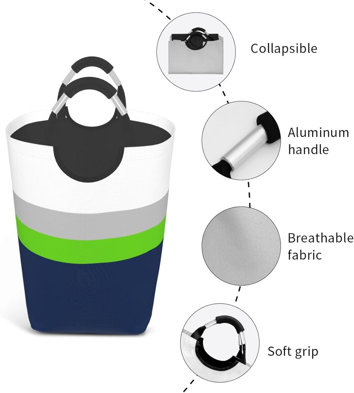 Large Laundry Basket, Navy, Gray, Lime Green Stripes Laundry Hamper Bag Collapsible Washing Bin With Handles for College Dorm, Family Essentials Storage