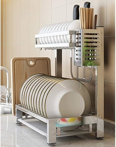 Miniatura 5 de Escurridor de platos de acero inoxidable de 2 niveles, jaula para palillos, estante para tabla de cortar, ahorra espacio
