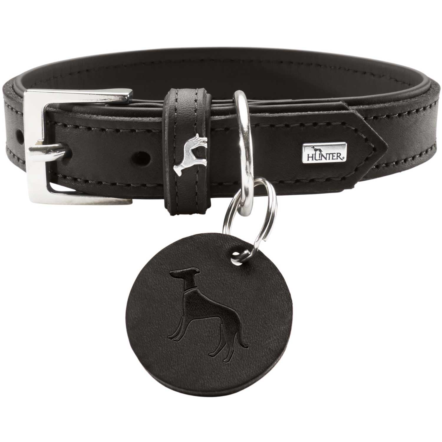 HUNTER Hundehalsband LARVIK aus Softvollrindleder, edles Lederhalsband mit Schlüsselanhänger, Farbe schwarz, Größe 60