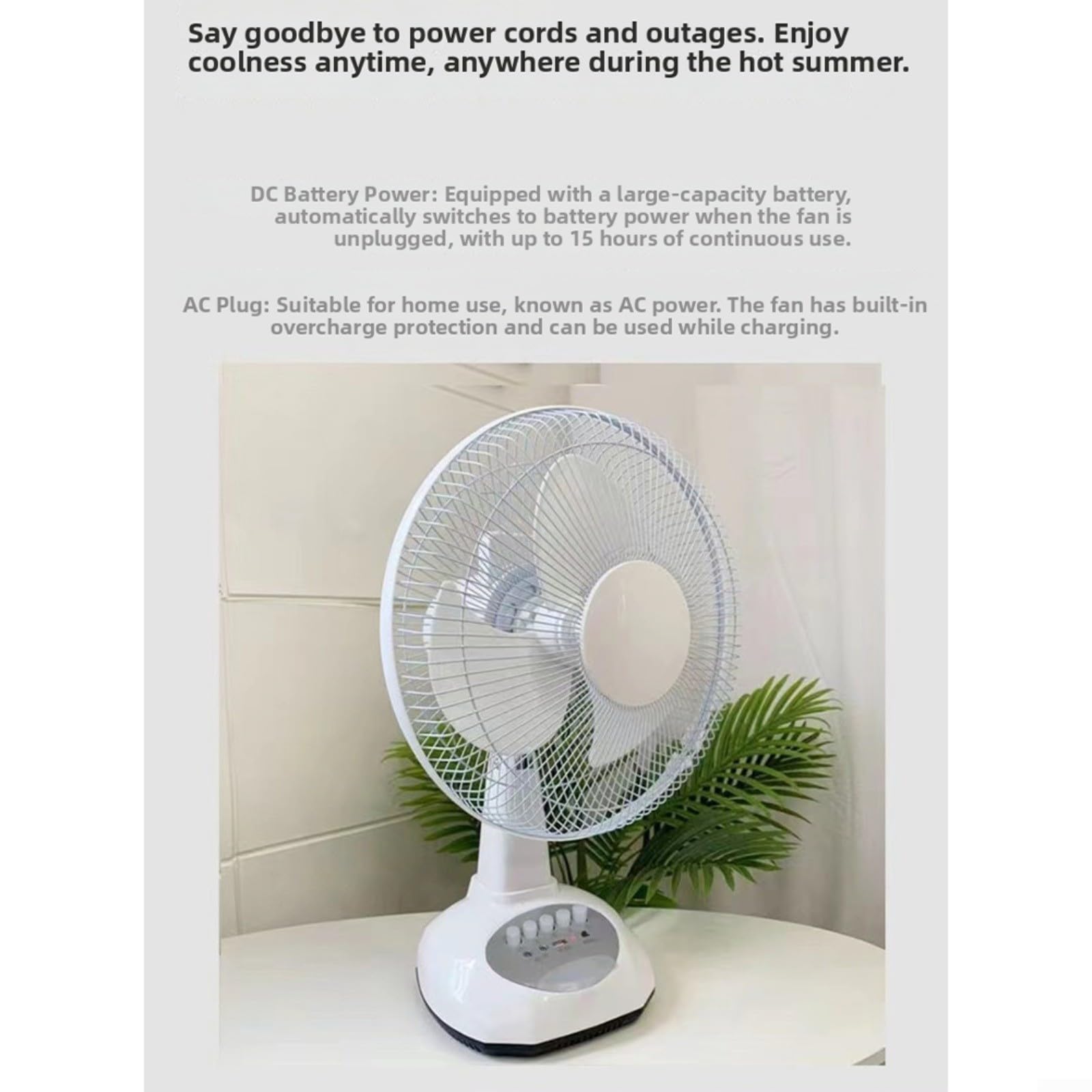 Ventilatore oscillante ricaricabile ad energia solare da 30,5 cm con 3 impostazioni e doppia modalità di luce notturna, struttura in ABS, bianco, ideale per campeggio, attività all'aperto e