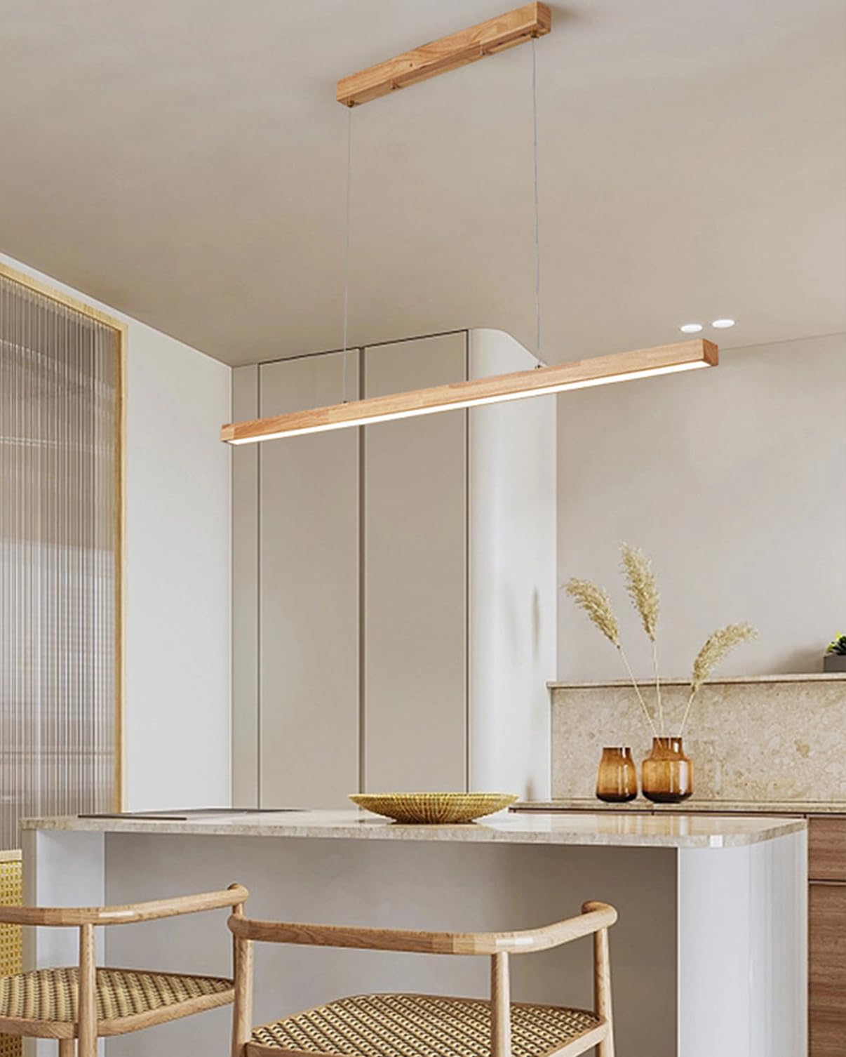 Lampada a Sospensione lineare con Telecomando, LED, dimmerabile, per Tavolo da Pranzo, in Legno, Lampada di Design, lampadario per Camera da Letto, Cucina, Ufficio (Legno, 150 cm)