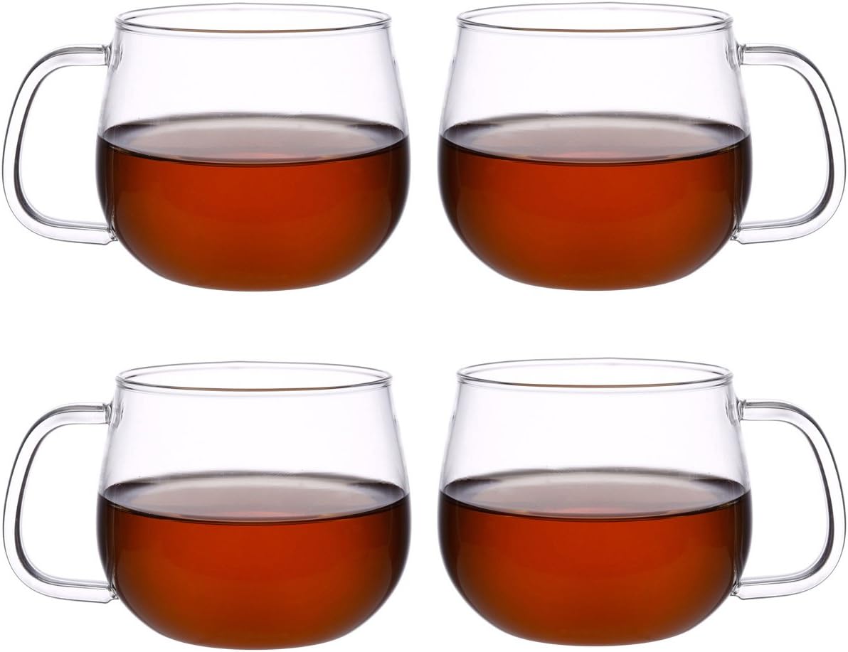 DICTEA - Glass Tea and Coffee Cup Set of 4- Large 10.5oz - Clear and Lightweight - Best for Drinking Milk, Latte, Espresso, Juice, Water and Breakfast oats(300ml/10.5 fl.oz)
