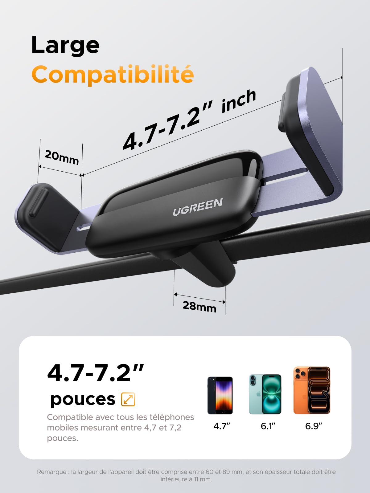 UGREEN Support Téléphone Voiture Gravité Grille Aération Porte Smartphone Voiture Ventilation Accroche Téléphone Auto Compatible avec iPhone 17 Pro Max Air 16 15 14 Galaxy S25 Ultra S24