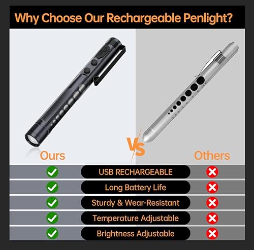 Miniatura 6 de RISEMART Luz de bolígrafo para enfermera, luz LED médica recargable, blanco cálidofrío y atenuación continua, luz médica portátil para enfermera,