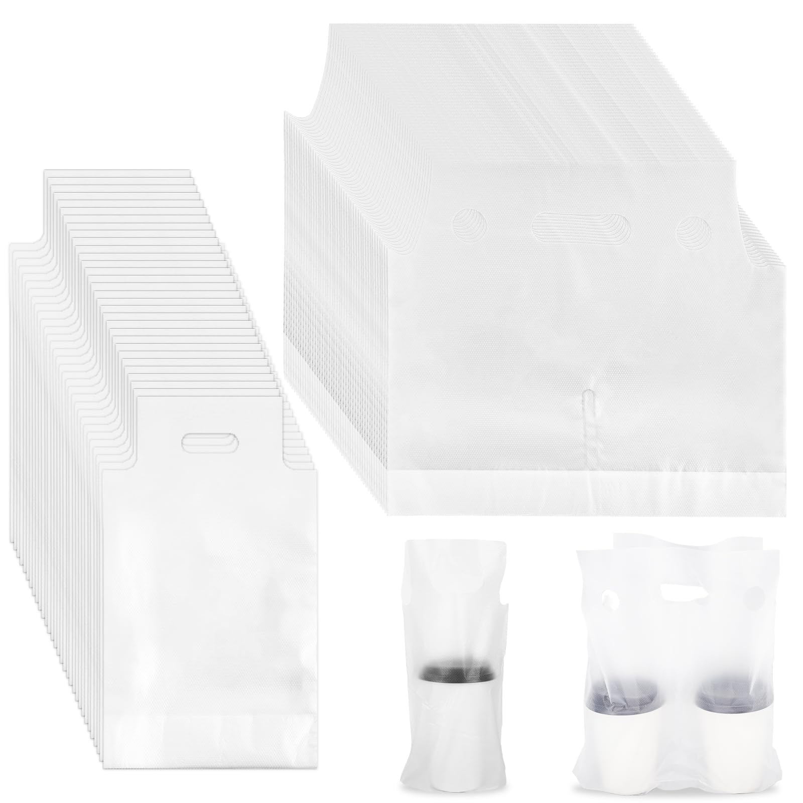 Whaline 1000 Count Handle Drink Bags 1 & 2 Cup Clear Plastic Packaging Poly Bag Carriers for Delivery Take Out Cup Holder Beverage Coffee Juice Mike