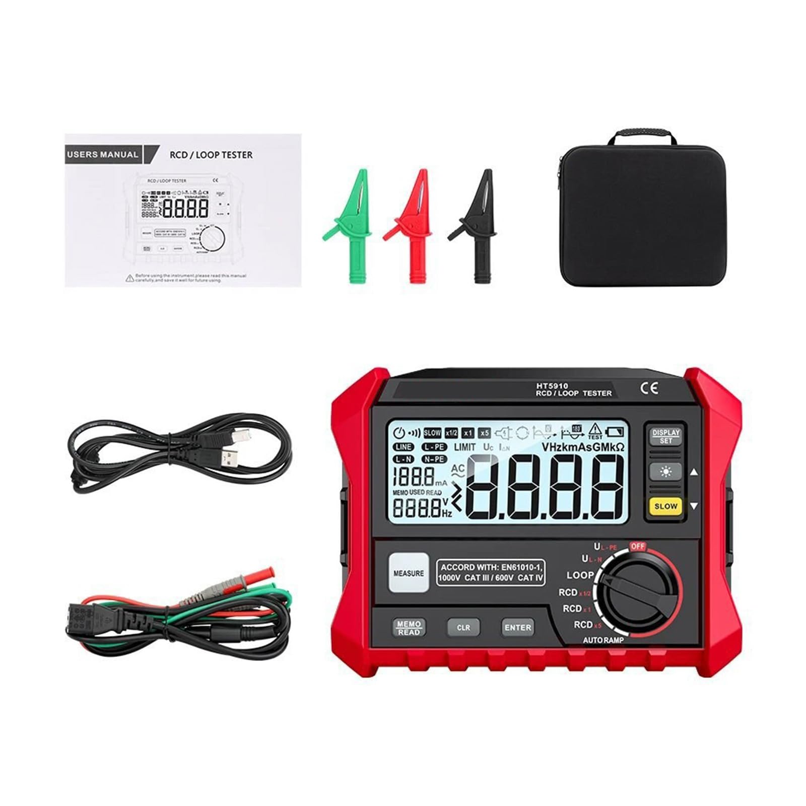 Medidor de resistencia digital con interruptores de fugas para prueba de capacidad RCD, pantalla LCD retroiluminada, 1000 registros, voltímetro probador RCD