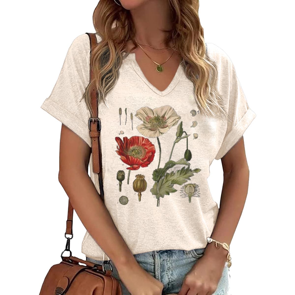 PUCKOLITY Vintage Flowers V Neck Shirt for Women Boho Floral Wildflowers Graphic Tee Casual Cottagecore Summer T Shirt