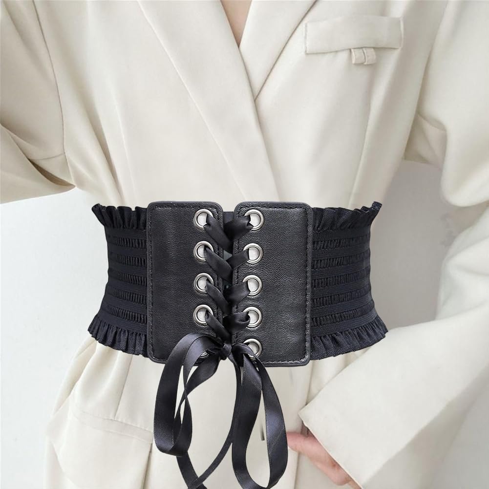 4.1 Inch Wide PU Leather Elastic Lace-up Corset Belt for Women Stretch Cinch Buckle Waist Belt - Image 7