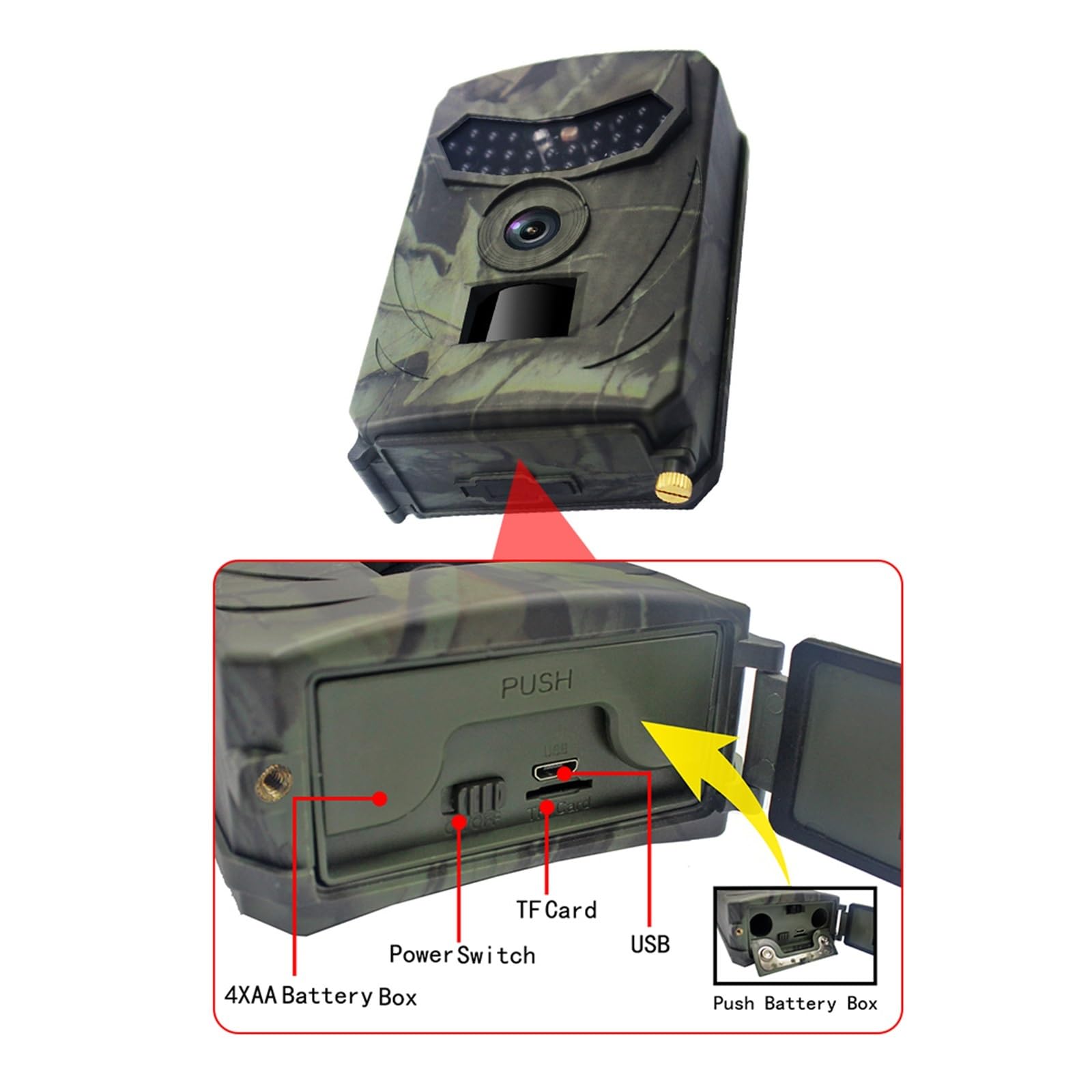 Kamera tropiąca, Kamera myśliwska zewnętrzna, detektor dzikich zwierząt, kamera szlakowa HD, wodoodporny monitoring, czujnik podczerwieni, noktowizor(T2 No Sd Card)