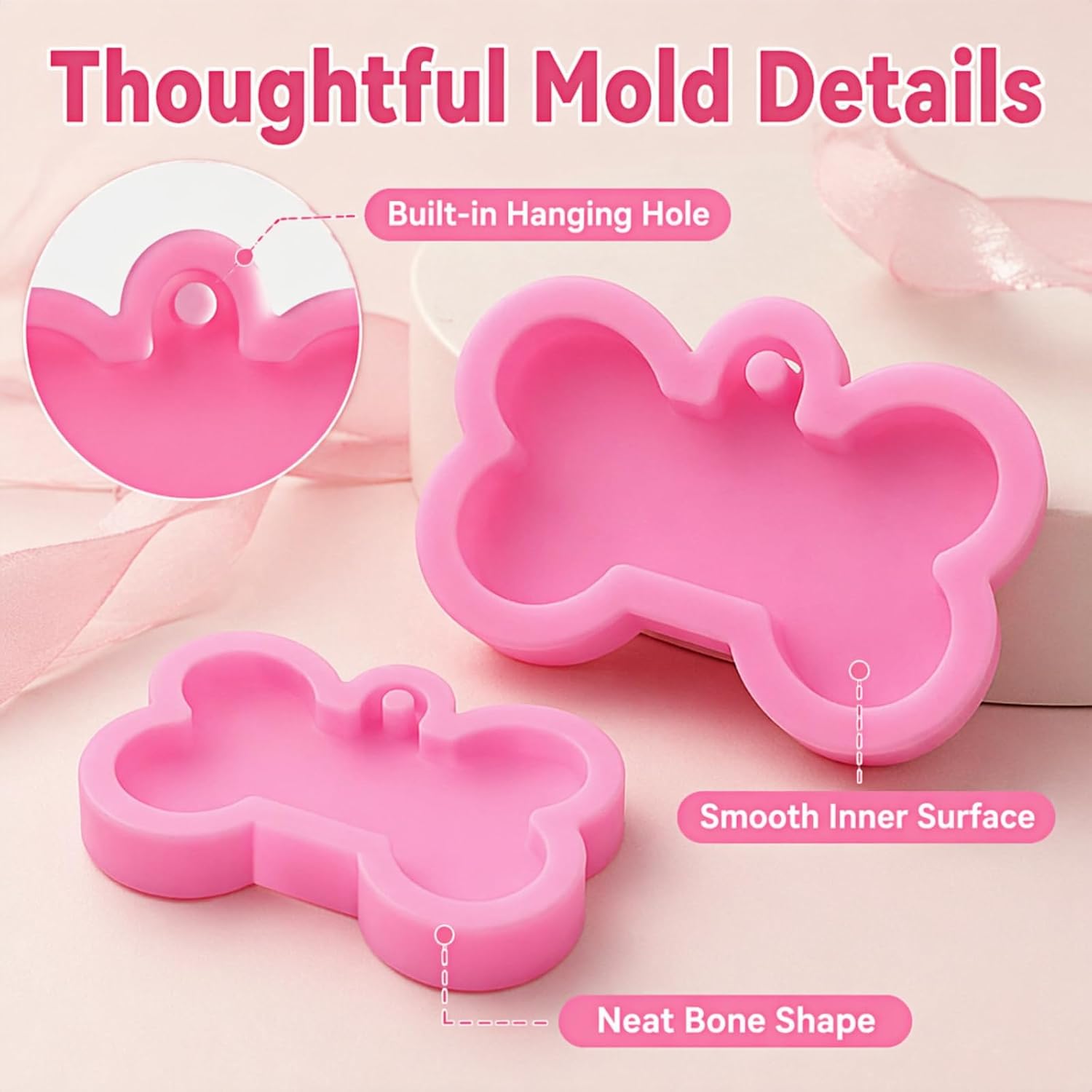 2 PCS Dog Bone Shape Silicone Mold, Shiny Resin Casting Mold for Dog Tag Keychain, Reusable DIY Pet Tag Jewelry Craft for Handmade Decoration & Gift Making (Pink)