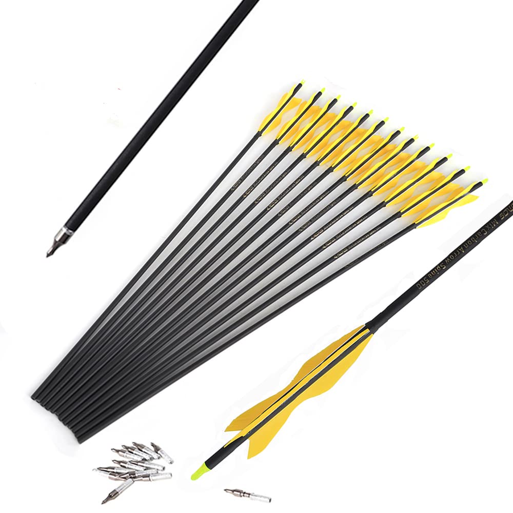 ACCMOS Spine 500 ID 6.2 mm Adults Hunting Arrow 23-30 inch Youths Practice Arrows 5" Elf Turkey Feather Archery Arrow 12 pcs (29inch, yellow)