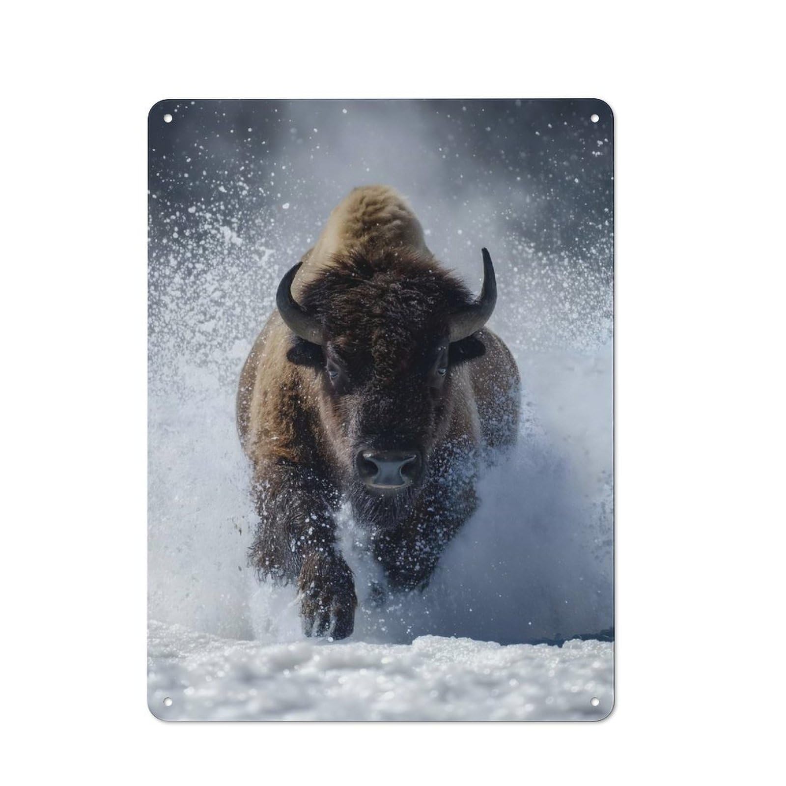 Junmoney Style-15 Garden Style Tin Sign 40X30cm Featuring Charging Bison In Snow, Shed Wall Decor For Patio Bar, Workshop, Shed Or Kitchen