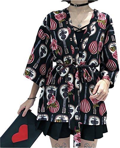 Amazon Yururito レディース 着物風 和風 ボタニカル 柄 シャツ 羽織 トップス 上着 ゆるい 大きめ 個性派 日焼け防止 夏 黒ギター カーディガン ボレロ 通販