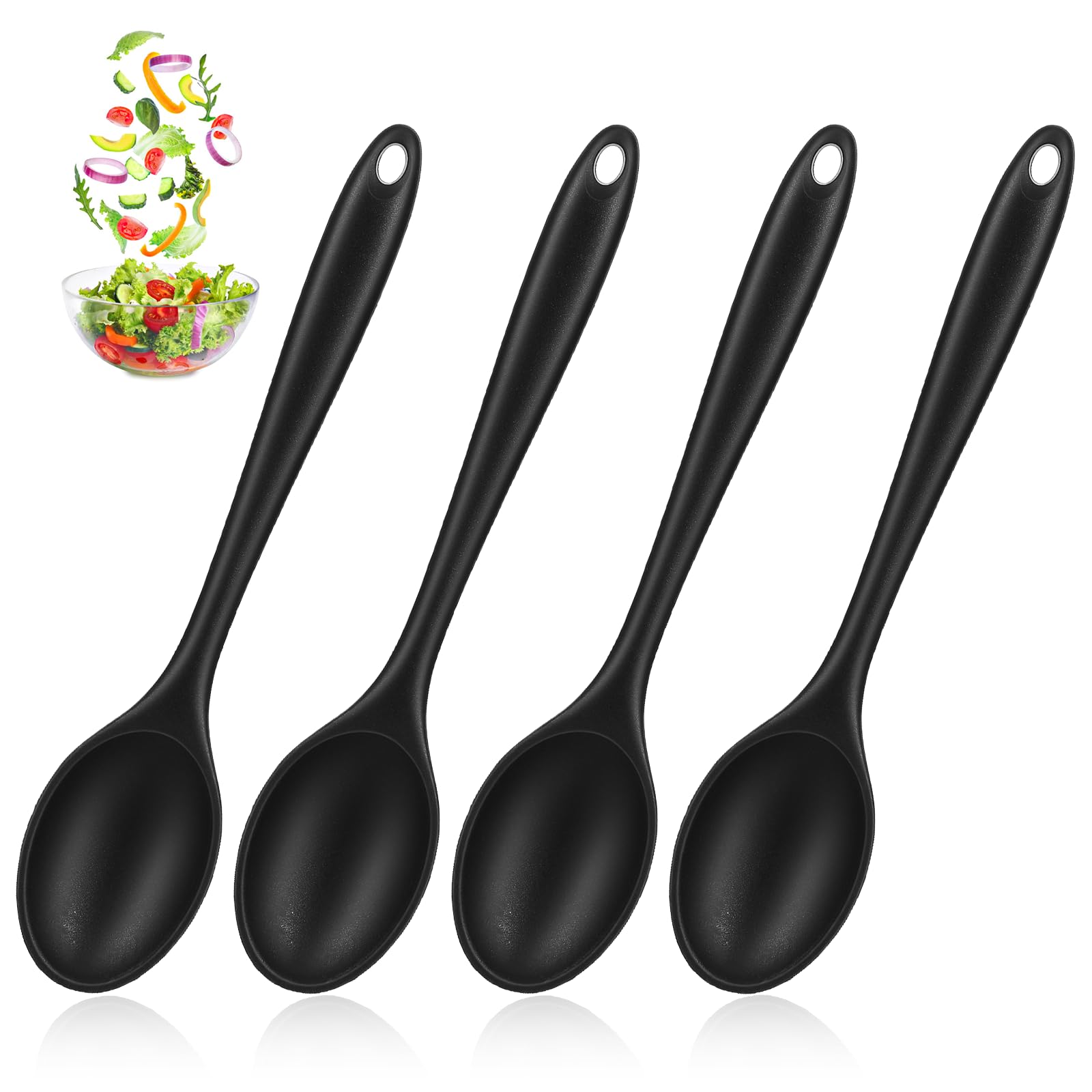 Elegaperma 4 PCS Black Silicon Spoon, Heat Resistant Large Silicone Spoons for Cooking, Silicone Cooking Spoon for Cooking, Salad, Baking, Serving, Mixing and Stirring