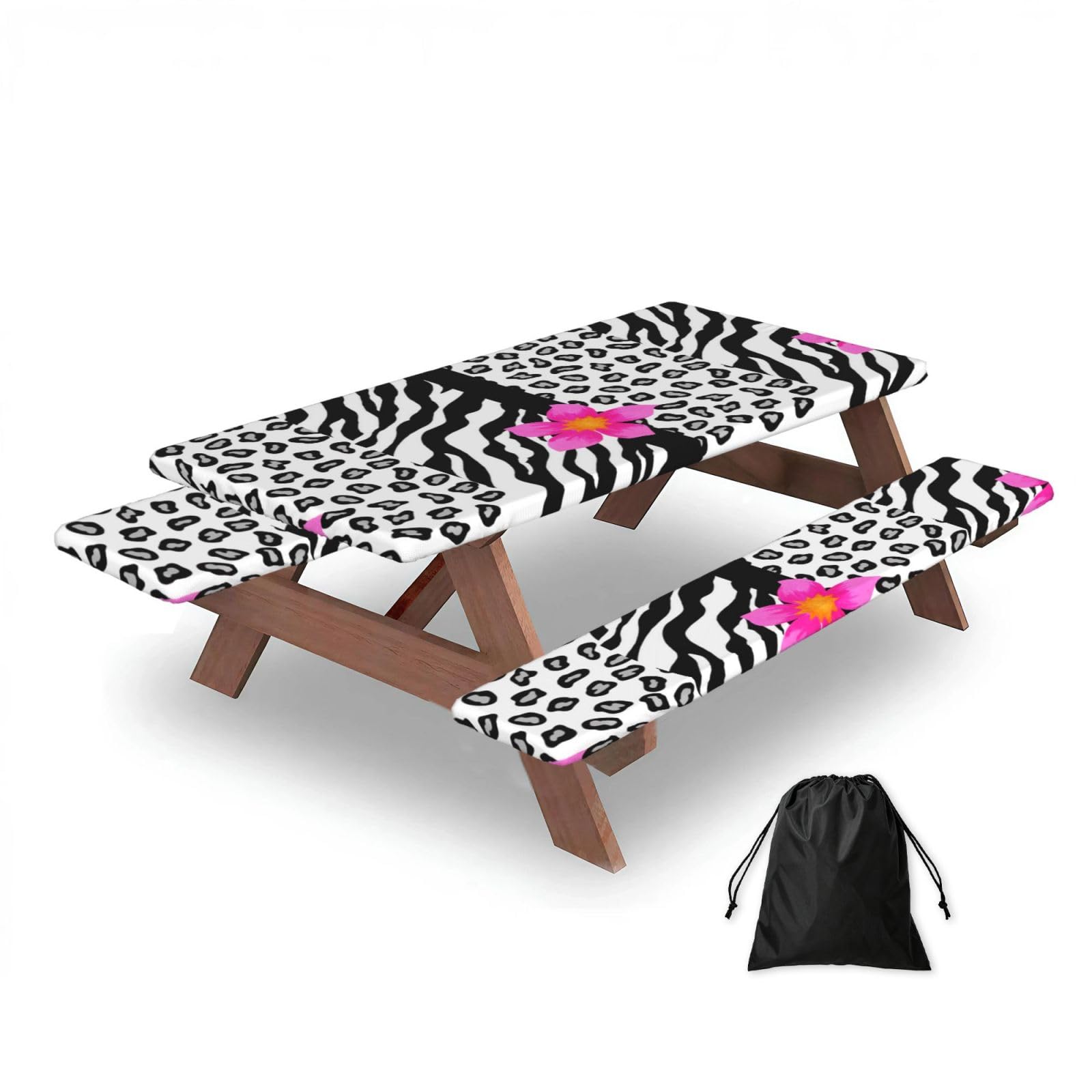 Dopklna As Picture Black And White Zebra And Cheetah Skin And Pink Flower, Picnic Table Cover With Bench Covers -Waterproof Elastic Fitted Tablecloth For Garden Camping Patio 76X152cm