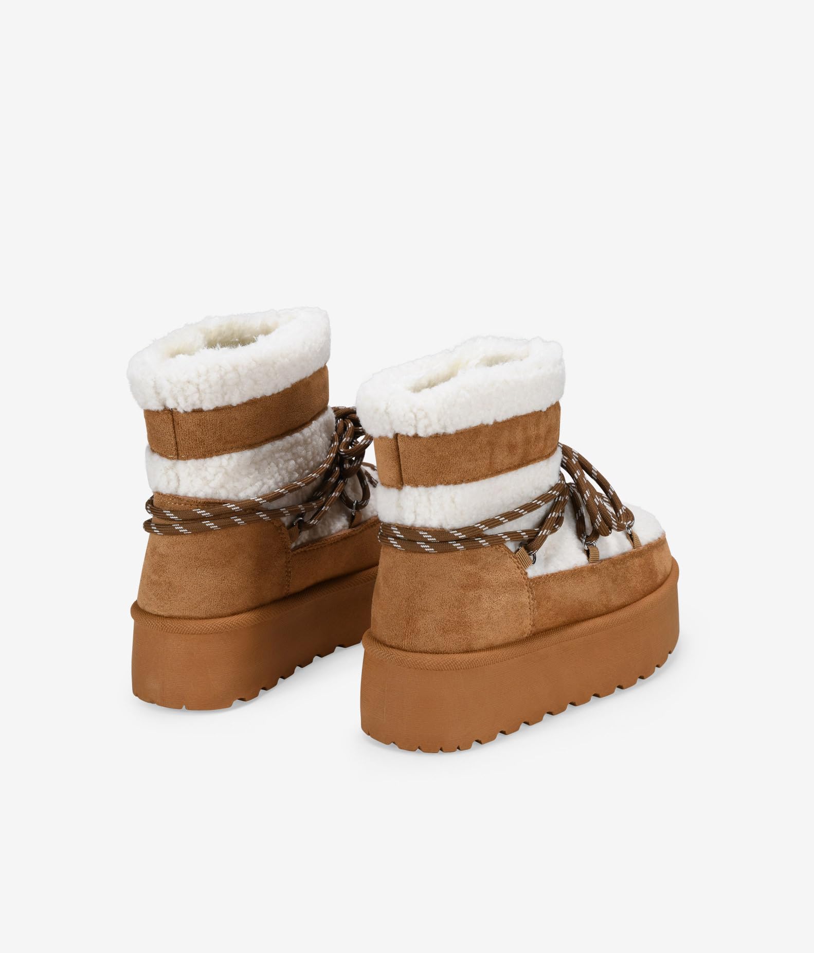 BOSANOVA Botas de Nieve para Mujer con Pelo de Borreguillo Beige y Suela de Plataforma Dentada de 4.5 cm. Cierre Mediante Cordones. No Son Impermeables. Calzado para Mujer