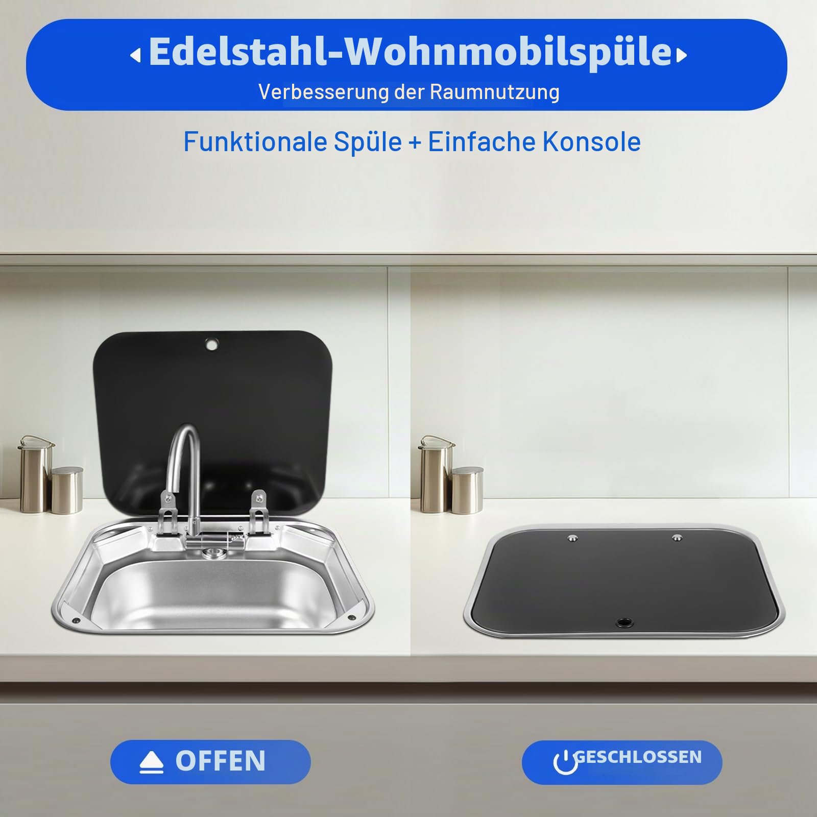 Wohnwagen Waschbecken, Camping Spüle Bausatz, Camping Waschbecken, 41x36,5x16cm Edelstahl-Spüle mit Glasdeckel, Aschbecken Camper für Wohnmobil/Caravan/Boot, (Silber/Schwarz)