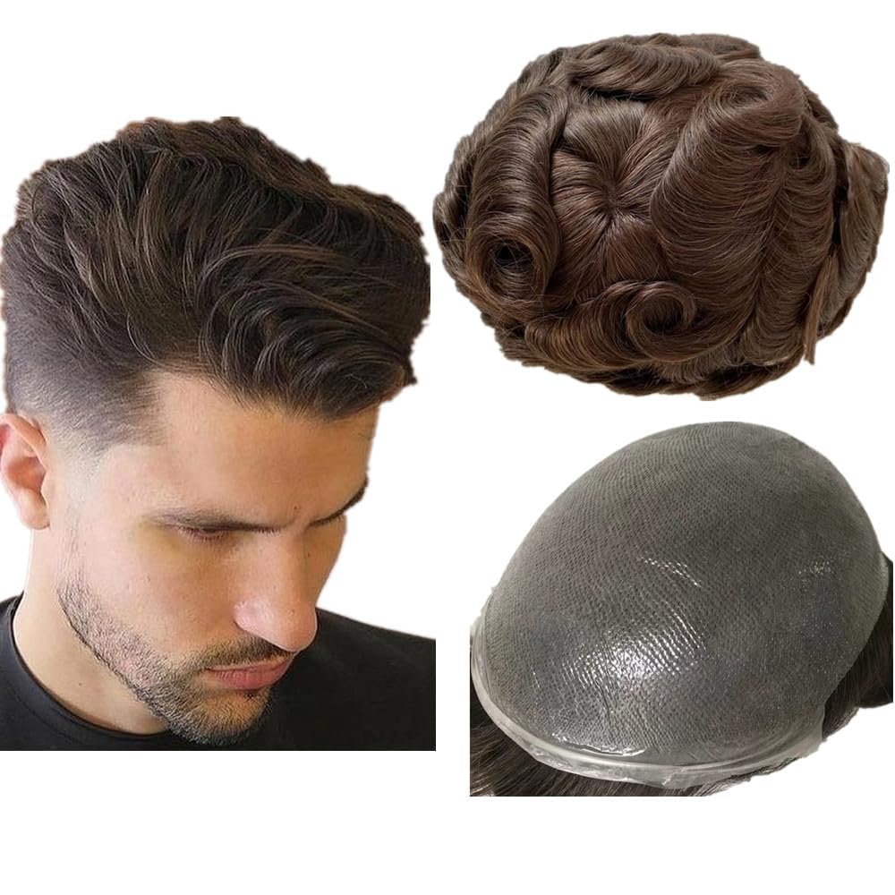 NLW Toupee for Men 0.04 Thin Skin Double Knots 25mm Curl Hairpiece 100% Human Hair System for men wigs Men's Toupee Durable Men's Toupee Real Hair Base Size 8x10 Inch 120% Density #2 Deep Brown