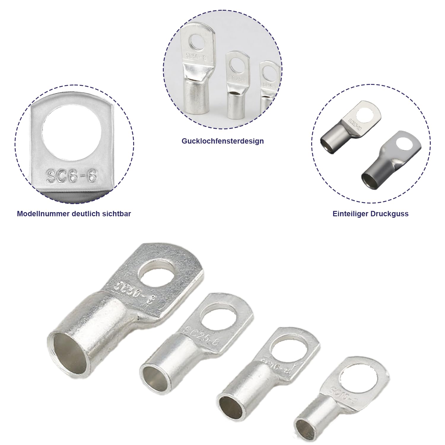 Kabelschoenen, 70 mm², buiskabelschoen, M10, ringkabelschoen, verdikt koper, niet geïsoleerde SC kabelschoenen, 10 stuks