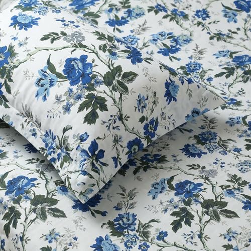 Image of Mafatlal Saanjh 144 TC Cotton Double Bedsheet 90x100 Inch | Soft Floral Printed Bed Sheet | Breathable Comfort Fabric | 2 Pillow Covers Included | Sapphire Blue