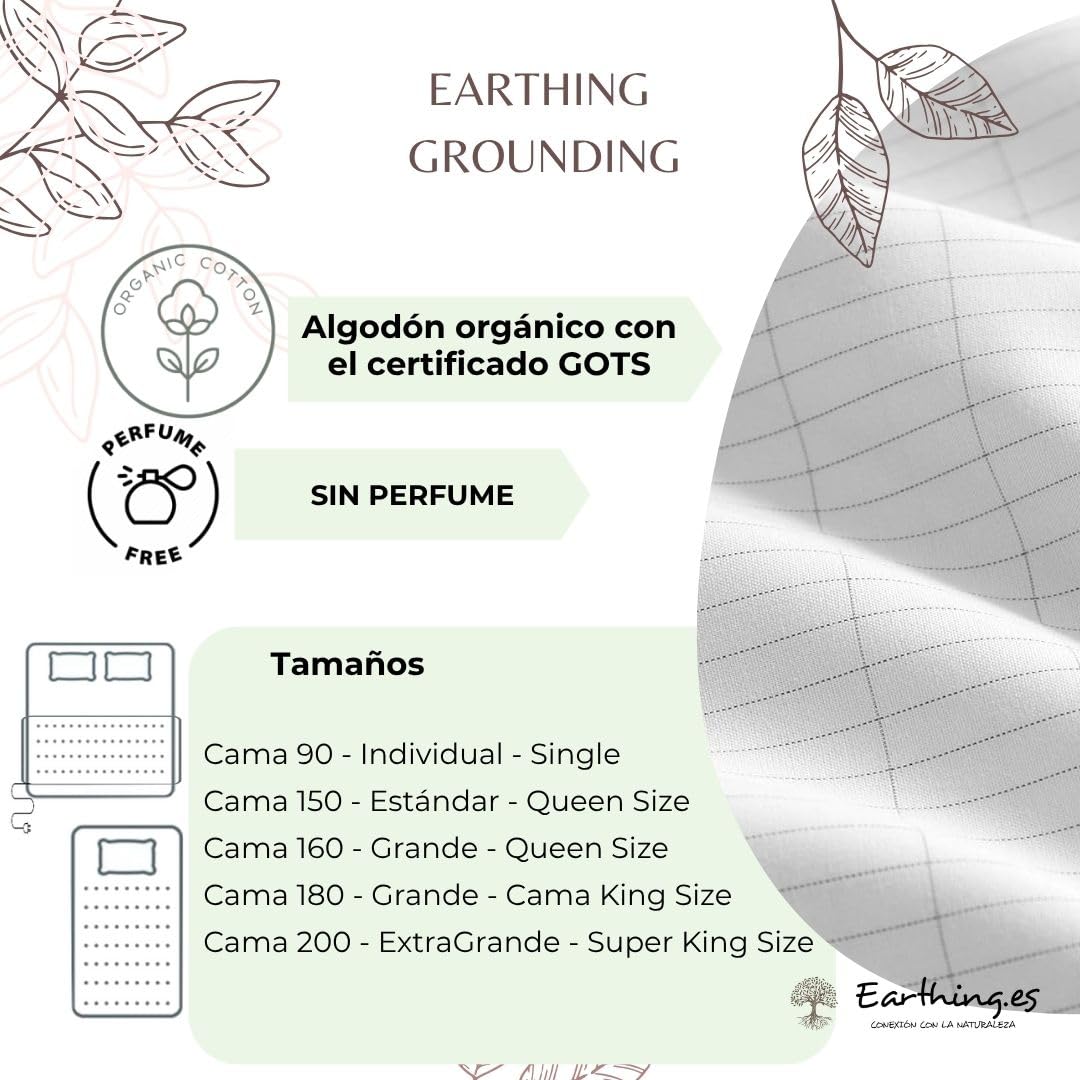 Sábana Earthing Grounding de Algodón Orgánico con Fibra de Plata – Conexión a Tierra con Cable y Adaptador – Reducción del Estrés, Mejor Sueño y Energía Renovada (90x200x30)