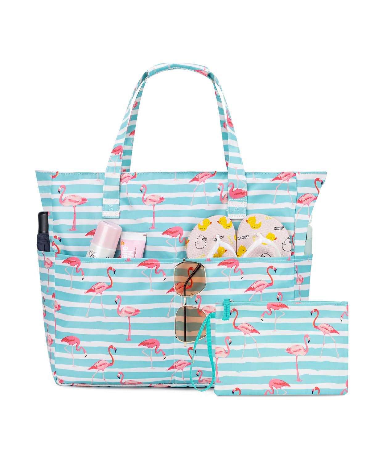 KABAQOO Bolsa de Playa XXL Familiar con Cremallera y Compartimento Impermeable, Bolsa Piscina Mujer Bolso de Mano Shopper Grande Plegable y Ligero para Viajes y Natación, Flamenco verde y blanco