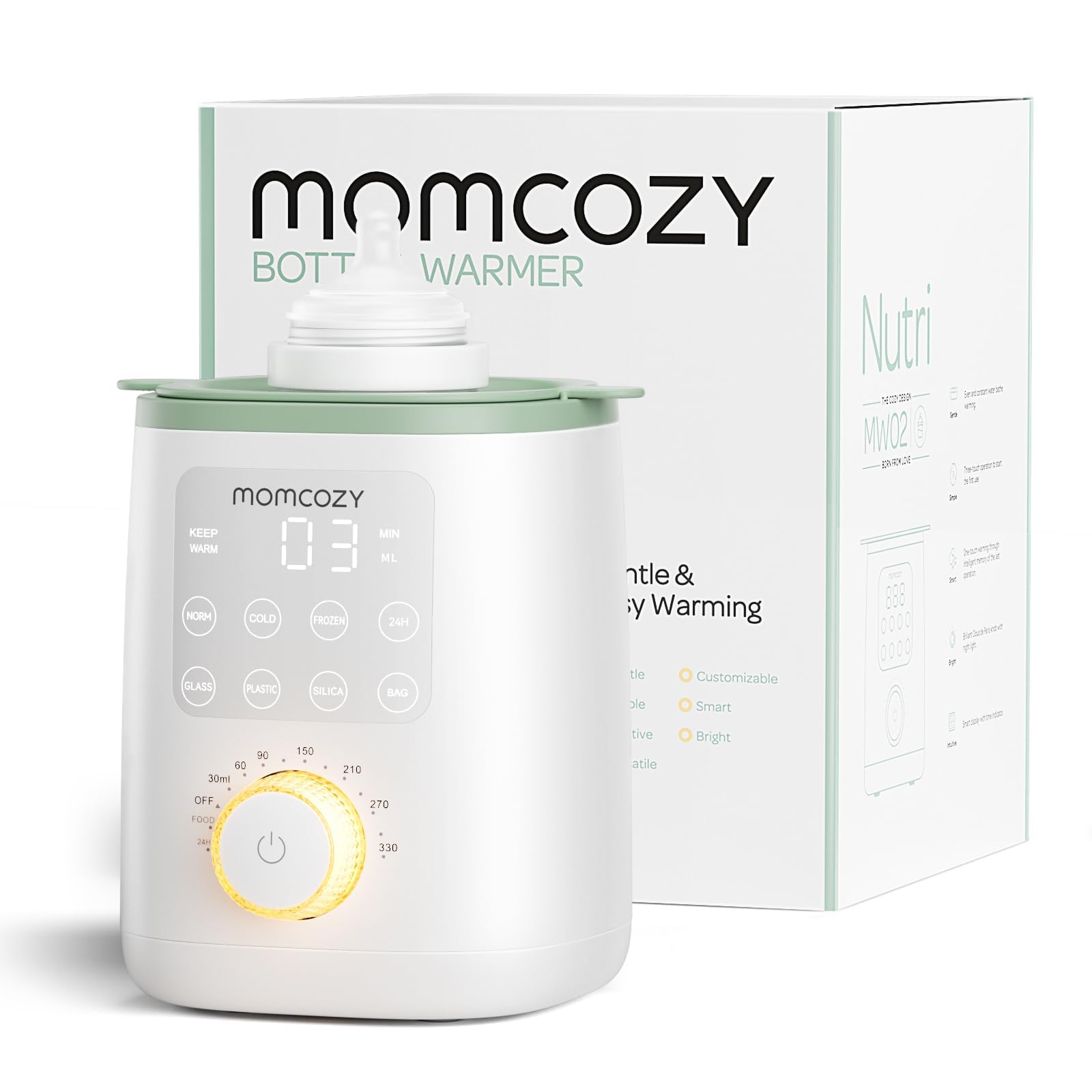 Scaldabiberon Momcozy Nutri, Scaldabiberon 9 in 1 con Luce Notturna, Controllo Accurato della Temperatura, Riceve i Nutrienti dal Latte Materno, per Tutti i Biberon con Latte Materno o Artificiale