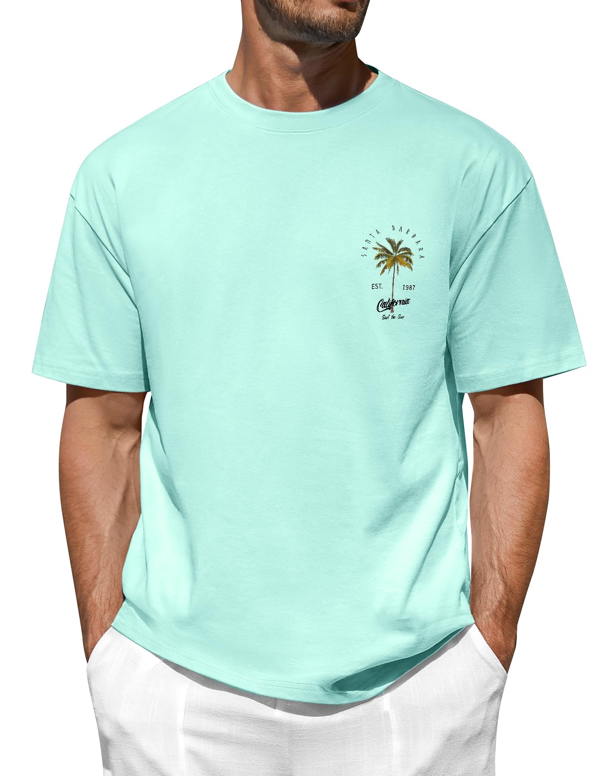 TOMEEK T Shirt Herren Graphik Basic Tshirt Kurzarm Baumwolle Rundhalsausschnitt T-Shirt Palmen Print Sommer Top Sport Kalifornien