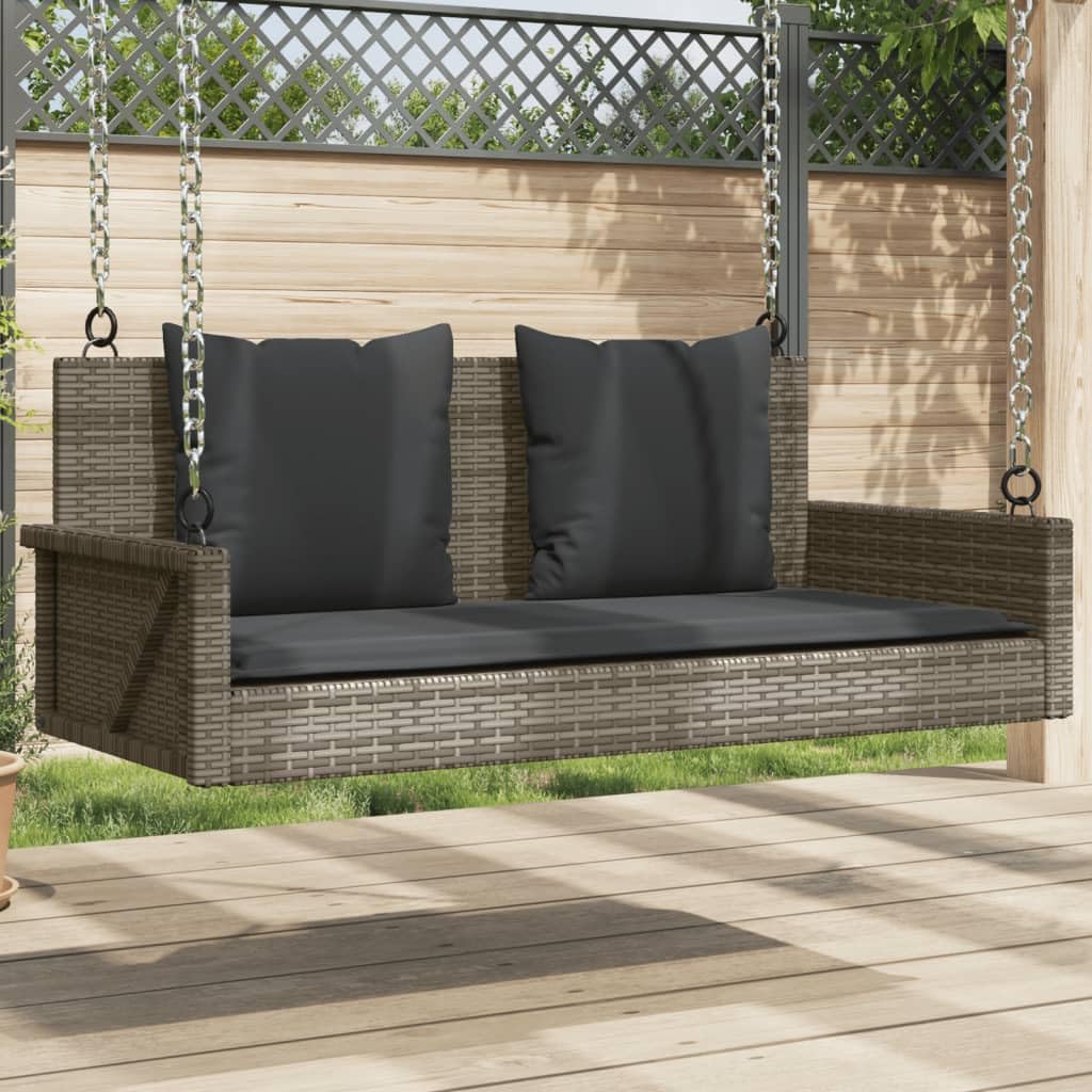 Banco balancín gris 119 x 56 x 48 cm de ratán sintético con cojín acolchado, resistente a la intemperie, para balcón, terraza y jardín, banco de asiento relajante con función balancín