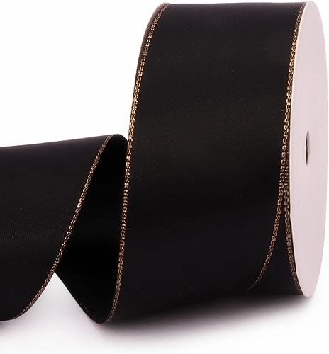 VIVIQUEN Cinta de satén negra de doble cara con borde dorado, cinta continua de poliéster de 1-12 pulgadas, 25 yardas, cinta ancha para envolver