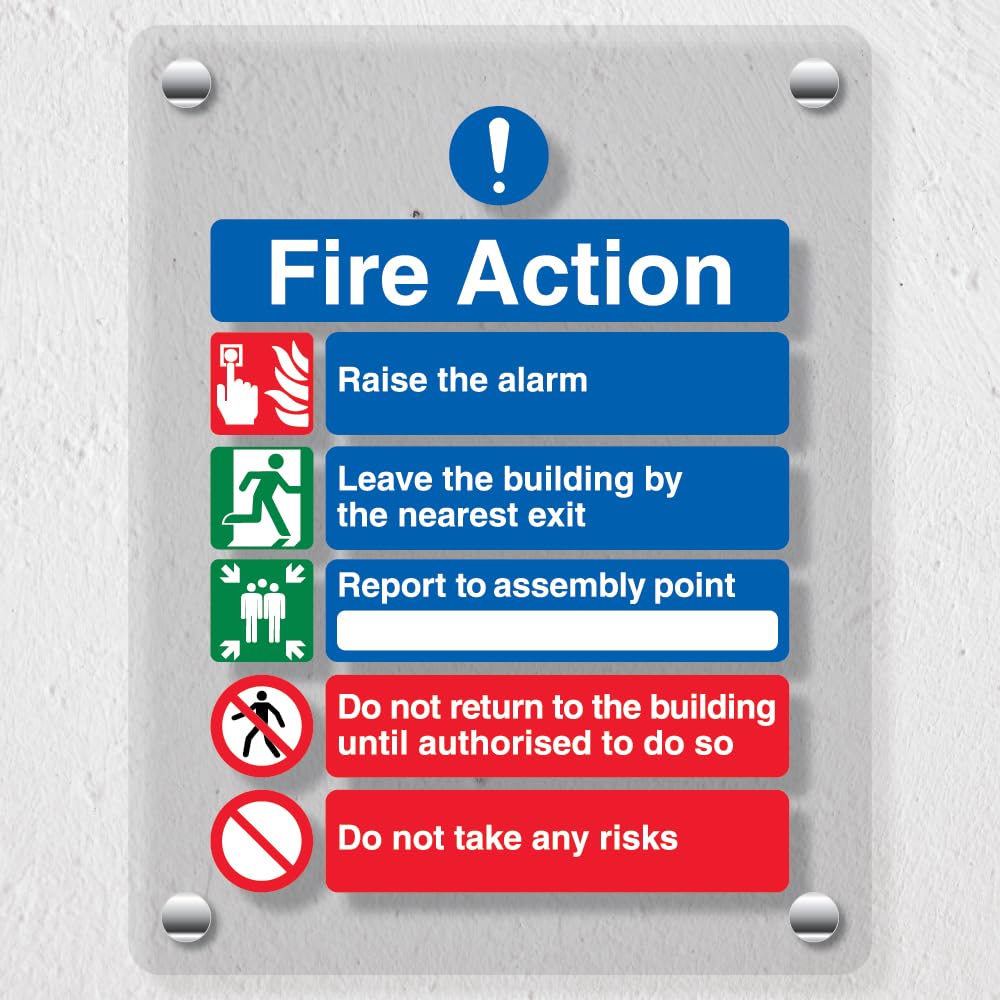 V Safety 5 Point Fire Action Notice/Do Not Take Risks - 300 x 400 mm - Acrylic Perspex Cast Clear Safety Sign