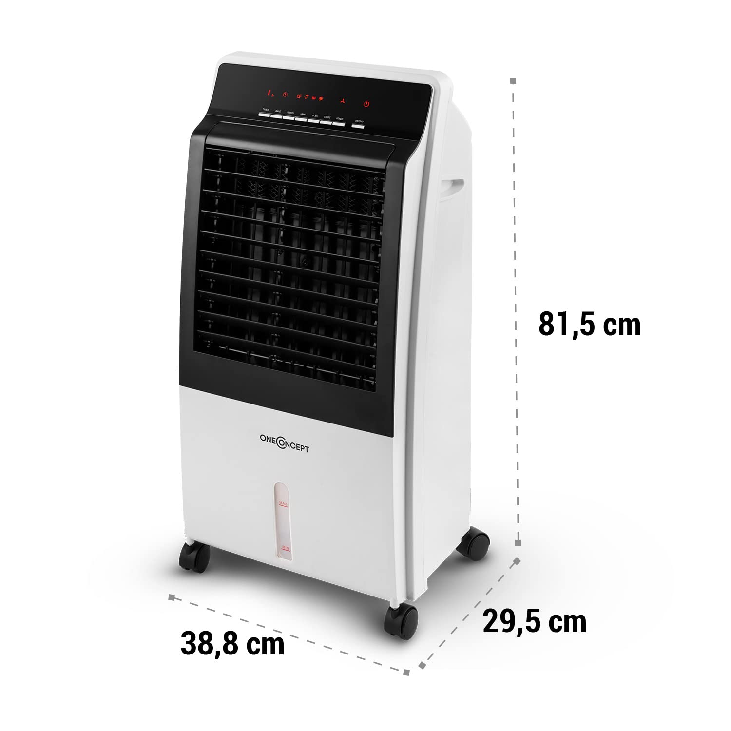 OneConcept Condizionatore Portatile Senza Tubo 65W 4 in 1, Umidificatore, Climatizzatore Portatile, Ionizzatore per Casa/Ufficio, Ventilatore Aria Fredda, Raffrescatore d’Aria 360m³/h, Serbatoio da 8L