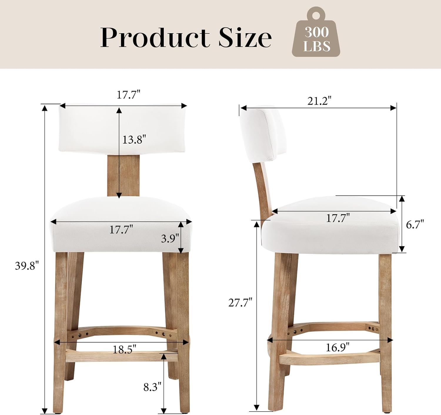 Wooden Counter Stools Set of 4, Mid Century Modern Barstools with Back and Solid Wood Legs, Farmhouse Upholstered Linen Kitchen Stools Countertop Bar Chairs, Cream