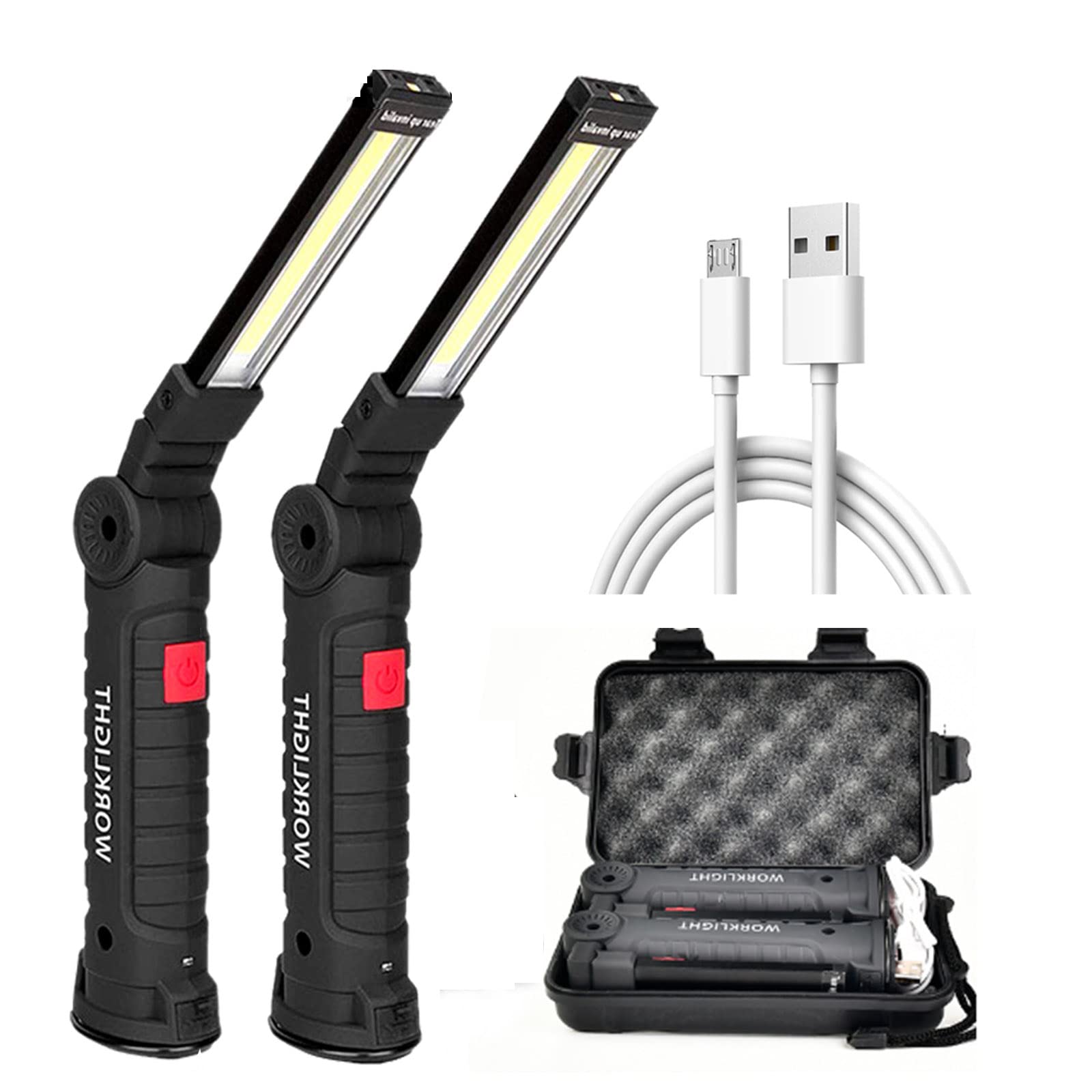 LED Work Light Flashlight, 2 Pcs 2000MH COB Rechargeable Work Lights with Magnetic Base 270°Rotate Grill Light and 5 Modes Bright LED Flashlights Inspection Light for Car Repair,Household,Camping