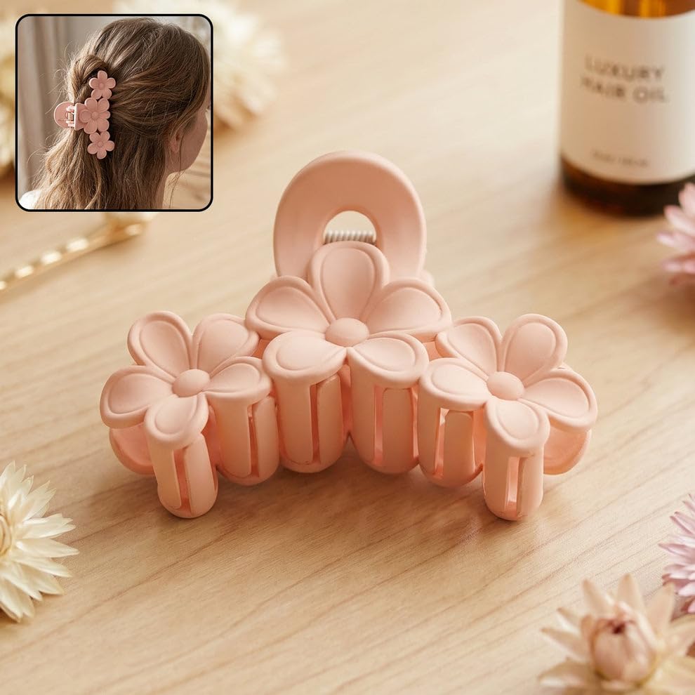 Image of Large Stylish Plastic Flower Hair Claw Clip for Women, Strong Grip Floral Hair Clutcher for Thick and Thin Hair, Elegant Hair Styling Accessory, 6 Piece