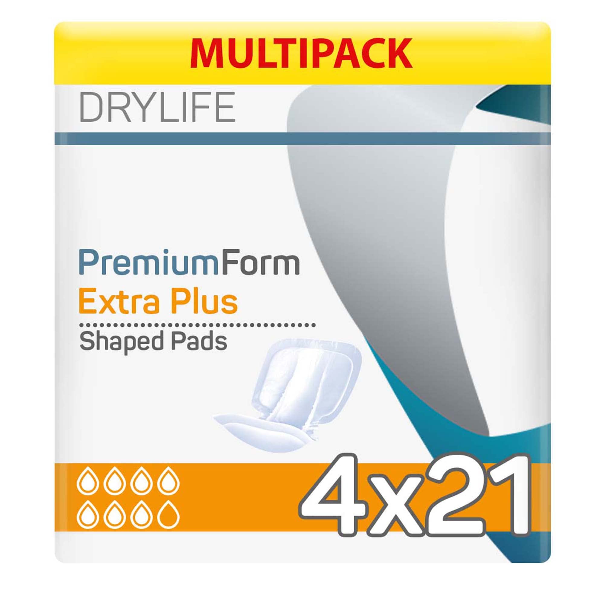 Drylife Premium Form Unisex Incontinence Shaped Pads | Dry Feel Technology, Anti-Leakage Cuffs, Odour Control & 100% Breathable Cotton Material - Extra Plus (4 Packs of 21), White