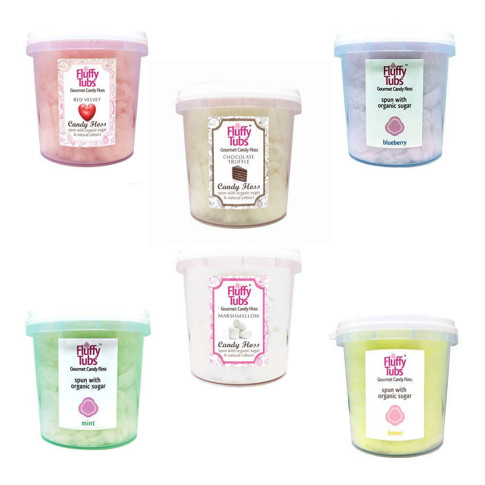 Fluffy Tubs Cotton Candy/Candy Floss Red Velvet, Blueberry, Chocolate Truffle, Marshmallow, Mint, Lemon Flavour 30gms (Pack of 6)