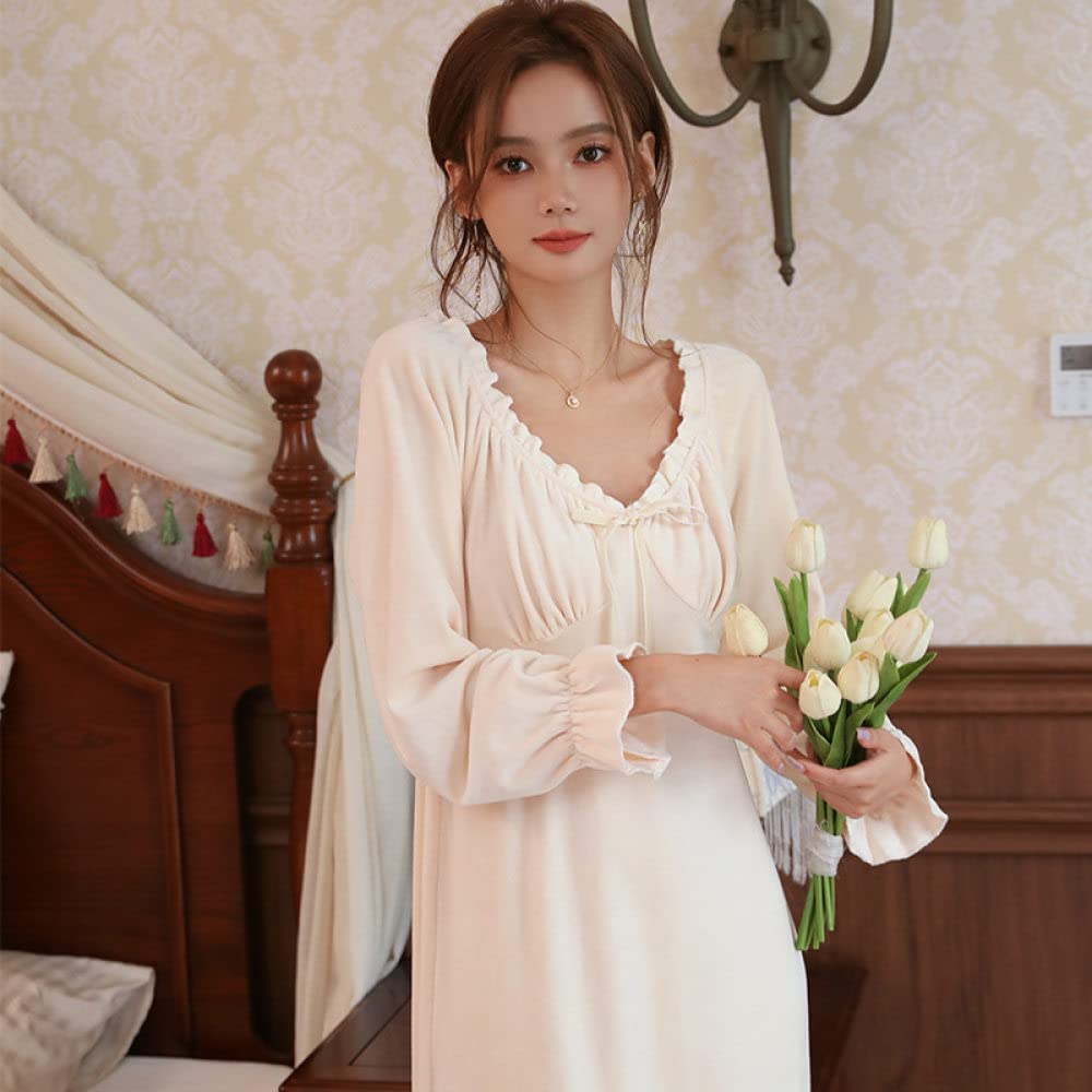 Nachthemd Damen,Damen-Nachthemden Beige, Dicker Rundhalsausschnitt, Gekräuselte Schleife, Elegantes Schlafhemd, Weiches, Bequemes, Langärmliges Nachthemd, Loungewear Für Damen, Mädchen, Pyjama-P