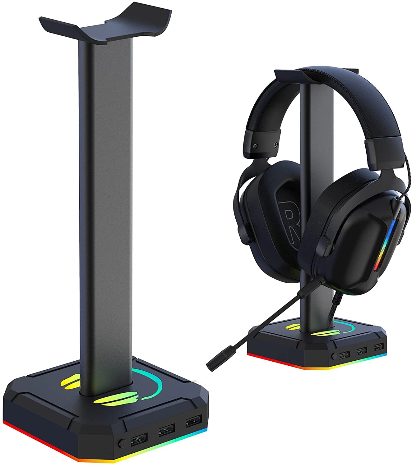 Headphone Stand RGB Lights Gaming Headset Holder with Three USB Port for Desktop PC Game Accessories,Aluminium Connecting Rod, Light Toggles and Turns Off,9 Kinds of Lighting Modes
