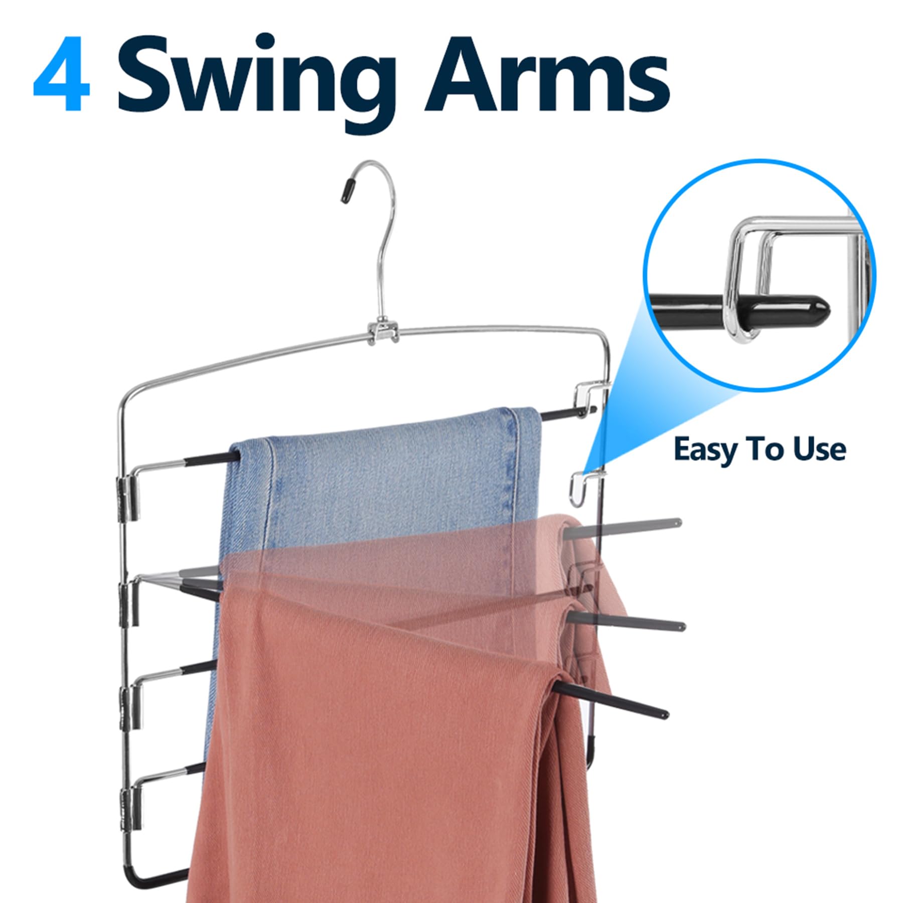 feasteery Schwingarm-Kleiderbügel, 5-stöckig mit rutschfestem Hosenregal, Schrank-Organizer für Hosen, Jeans, Krawatten, Schals, 4 Stück