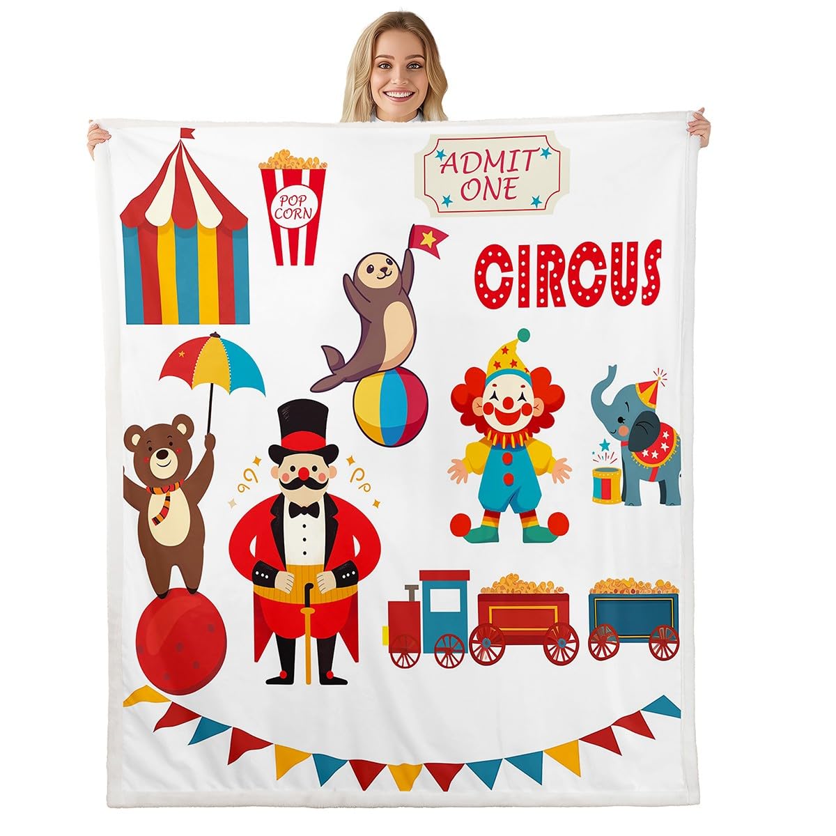 Homewish Circus Theme Flannel Fleece Blanket Colorful Animal Pattern Decor Throw Blanket Polyester Bed Throws for Kids Teens Lightweight for Sofa Couch Bedspread, Baby Size (30 x 40 Inches)