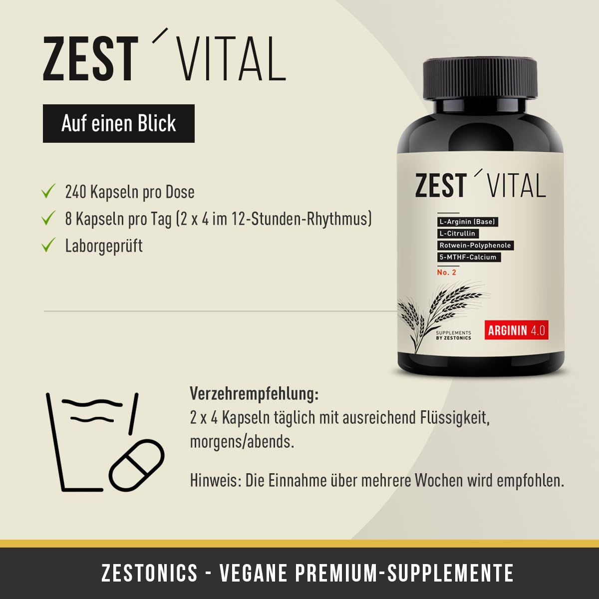 ZEST'VITAL Arginin 4.0 | L-Arginin Base, Citrullin | 240 Kapseln