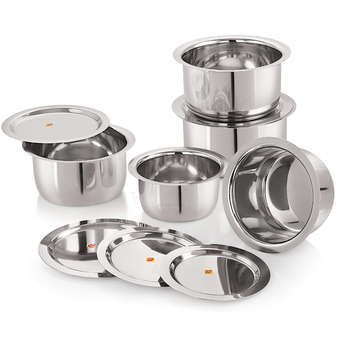 iVBOX Big-Tope Stainless Steel Tope Set 22-Gauge Heavy Cookware with Steel Lid, 1.1 L, 1.4 L, 1.8 L, 2.4 L and 3 L, Silver